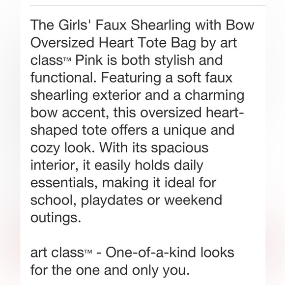 ART CLASS NWT oversized heart tote bag with bow -pink -12x13 - Picture 6 of 8